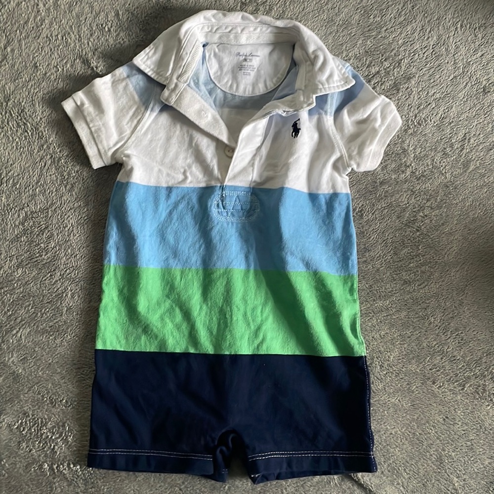 Like NEW Ralph Lauren Baby Boys Striped Cotton Shortall 9M